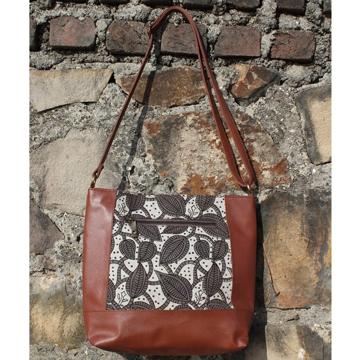 Dabu Print Faux Leather Creeper Satchel (Matt Brown & Grey)