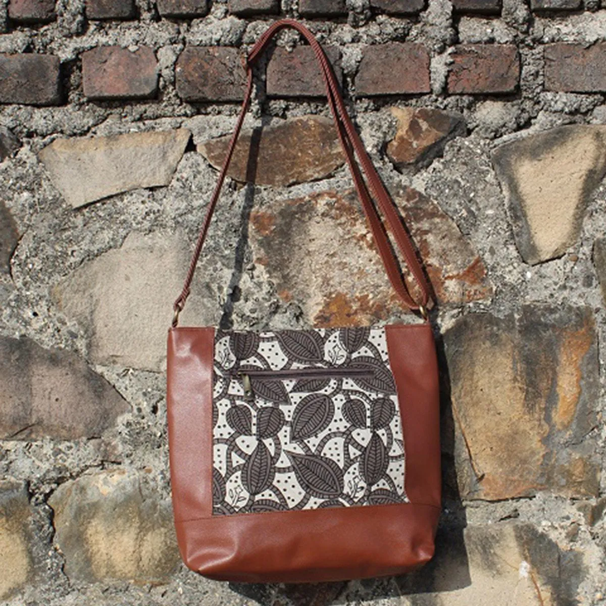 Dabu Print Faux Leather Creeper Satchel (Matt Brown & Grey)