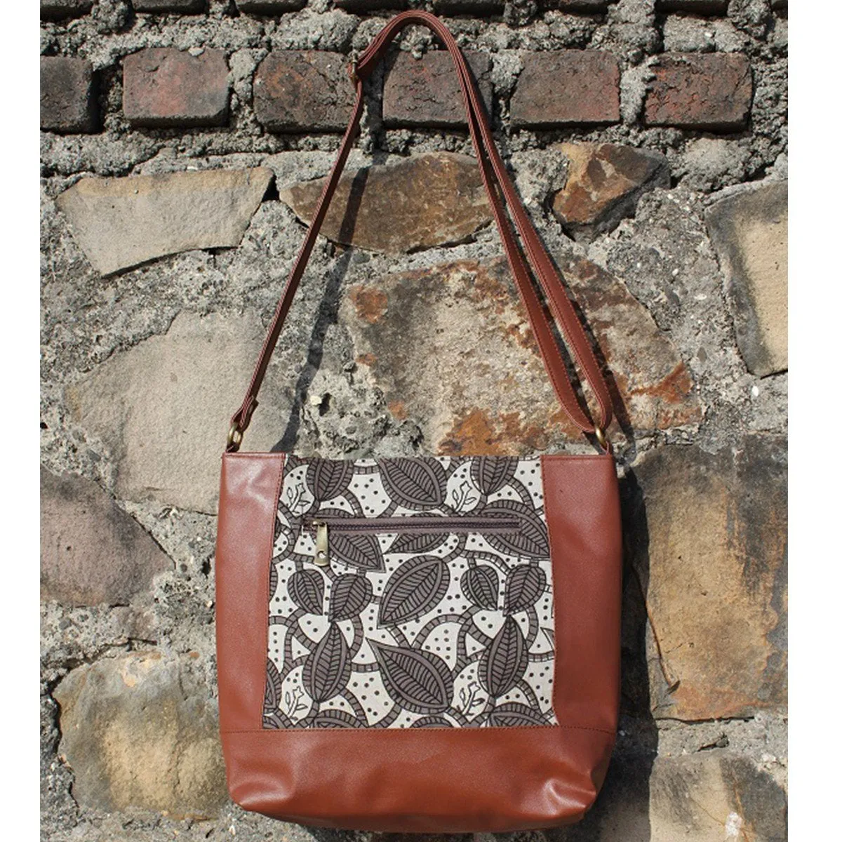 Dabu Print Faux Leather Creeper Satchel (Matt Brown & Grey)