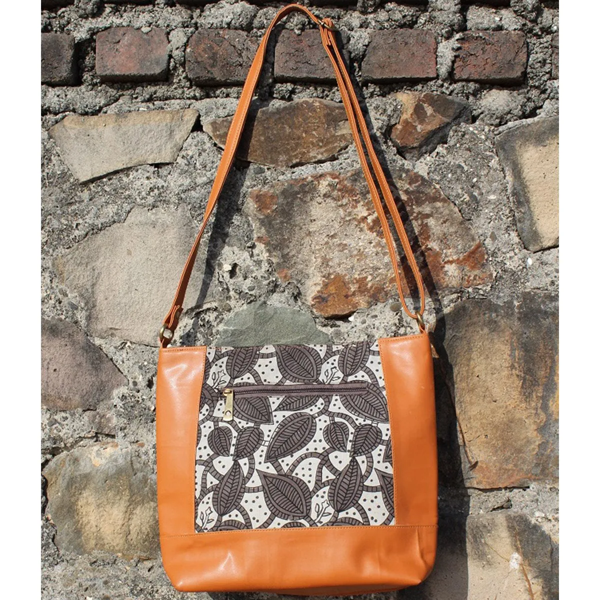 Dabu Print Faux Leather Creeper Satchel  (Tan & Grey)