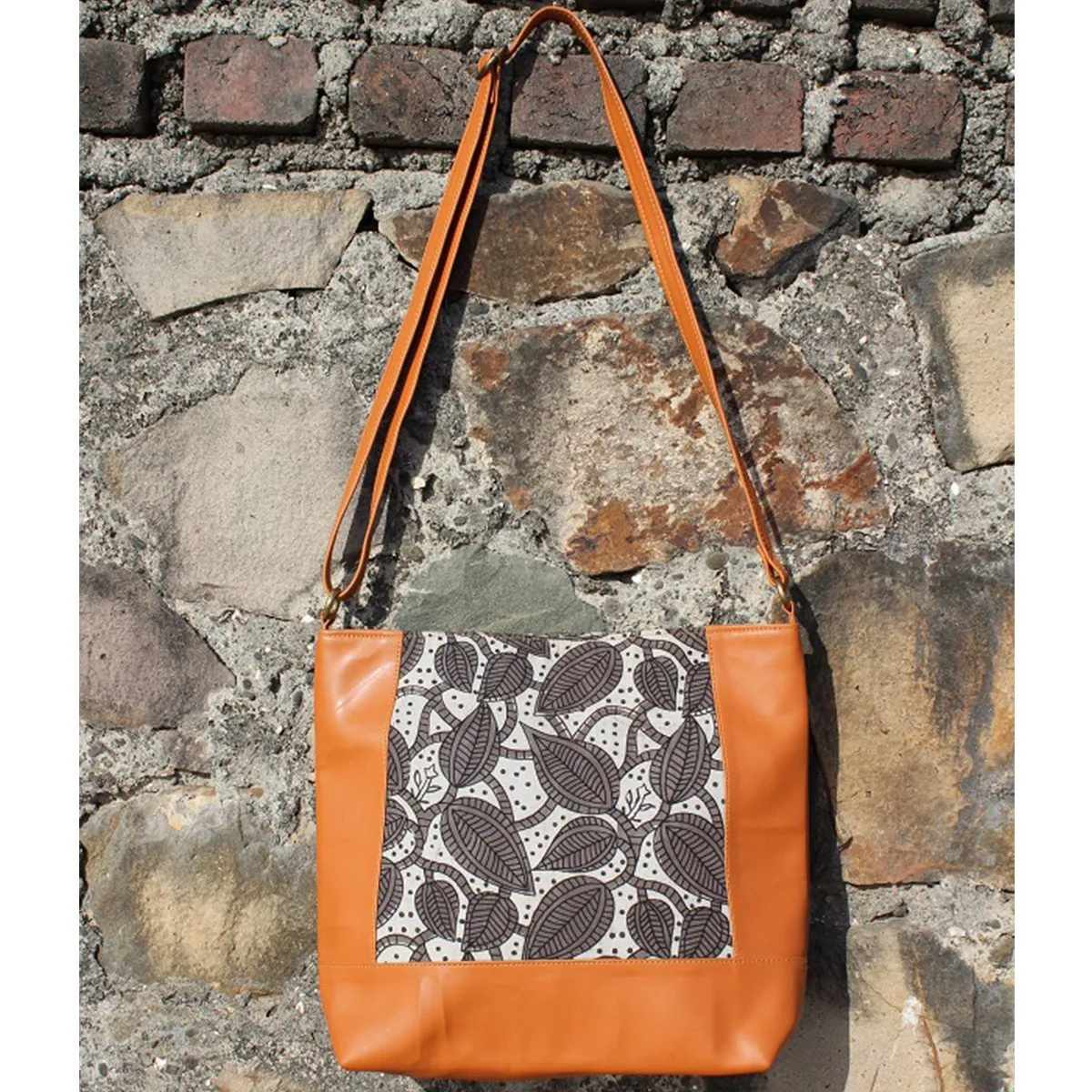 Dabu Print Faux Leather Creeper Satchel  (Tan & Grey)