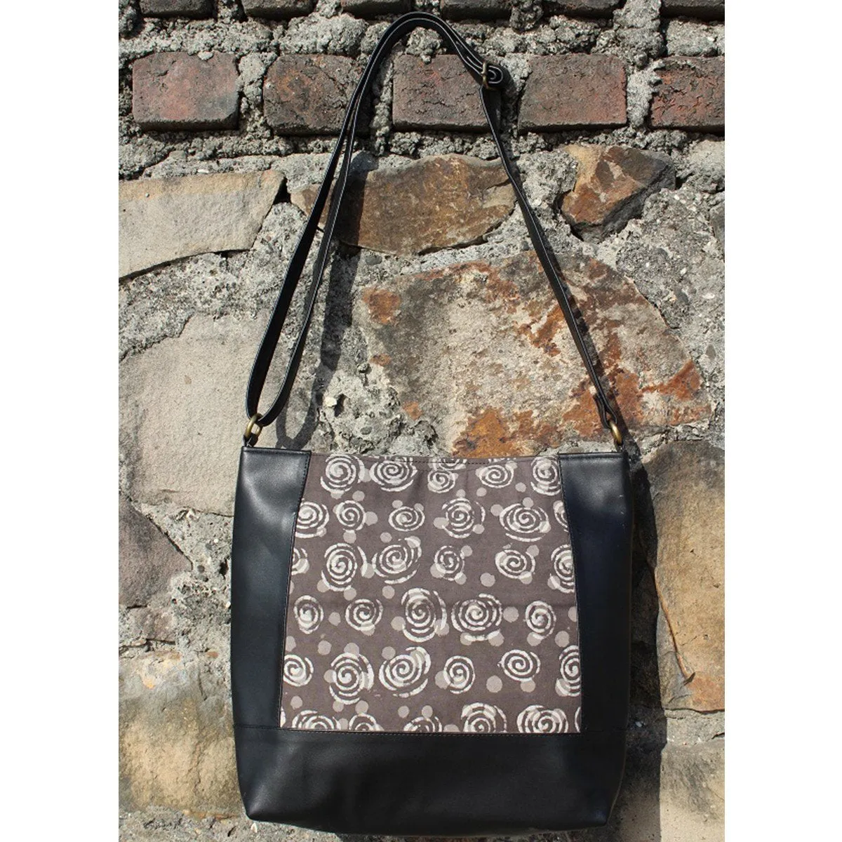 Dabu Print Faux Leather Curvilinear Satchel (Matt Black & Grey)