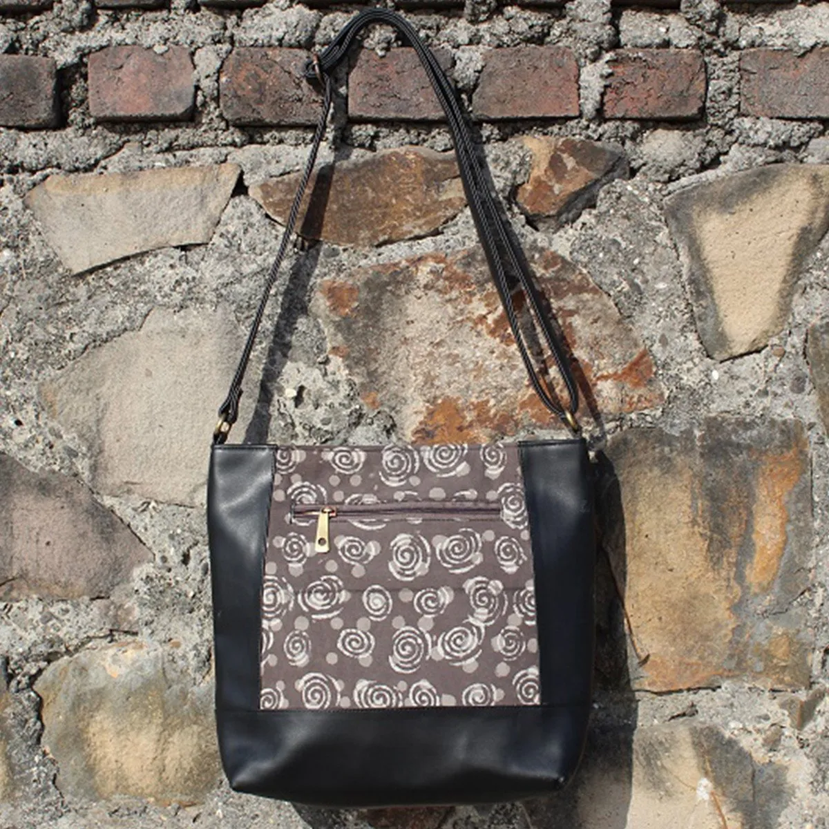 Dabu Print Faux Leather Curvilinear Satchel (Matt Black & Grey)