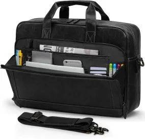 RAINSMORE Mens Laptop Bag 16 Inch Leather Briefcase Vintage Messenger Bag for Men Large Crossbody Shoulder Office Computer Bag Retro College Satchel for Work, Business,Travel, Black