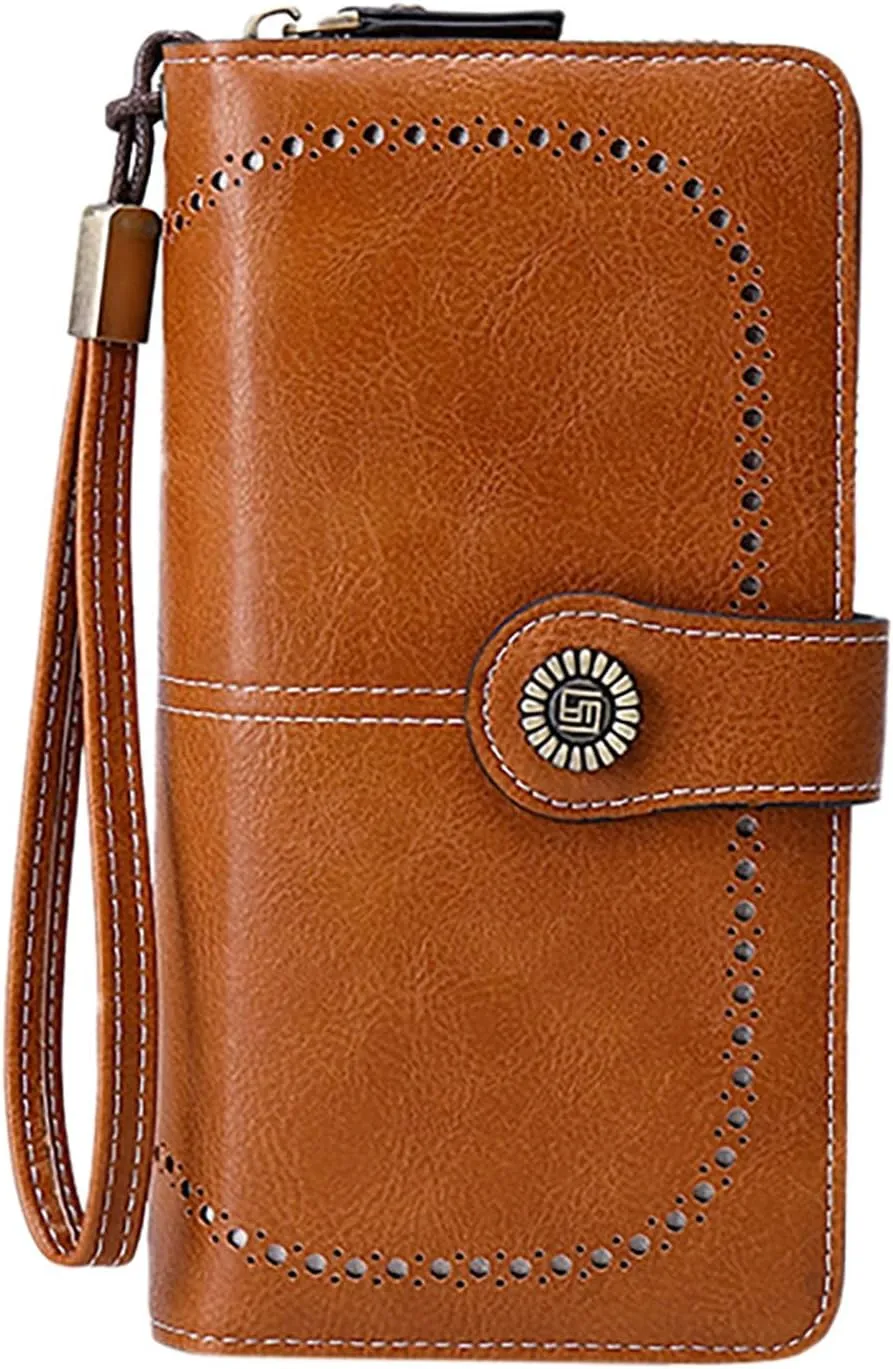 Rfid Wallet Women, Leather Wallet Wristlet, Bifold Zip Around Rfid Blocking Large Capacity Clutch Purses Credit Card Wallet