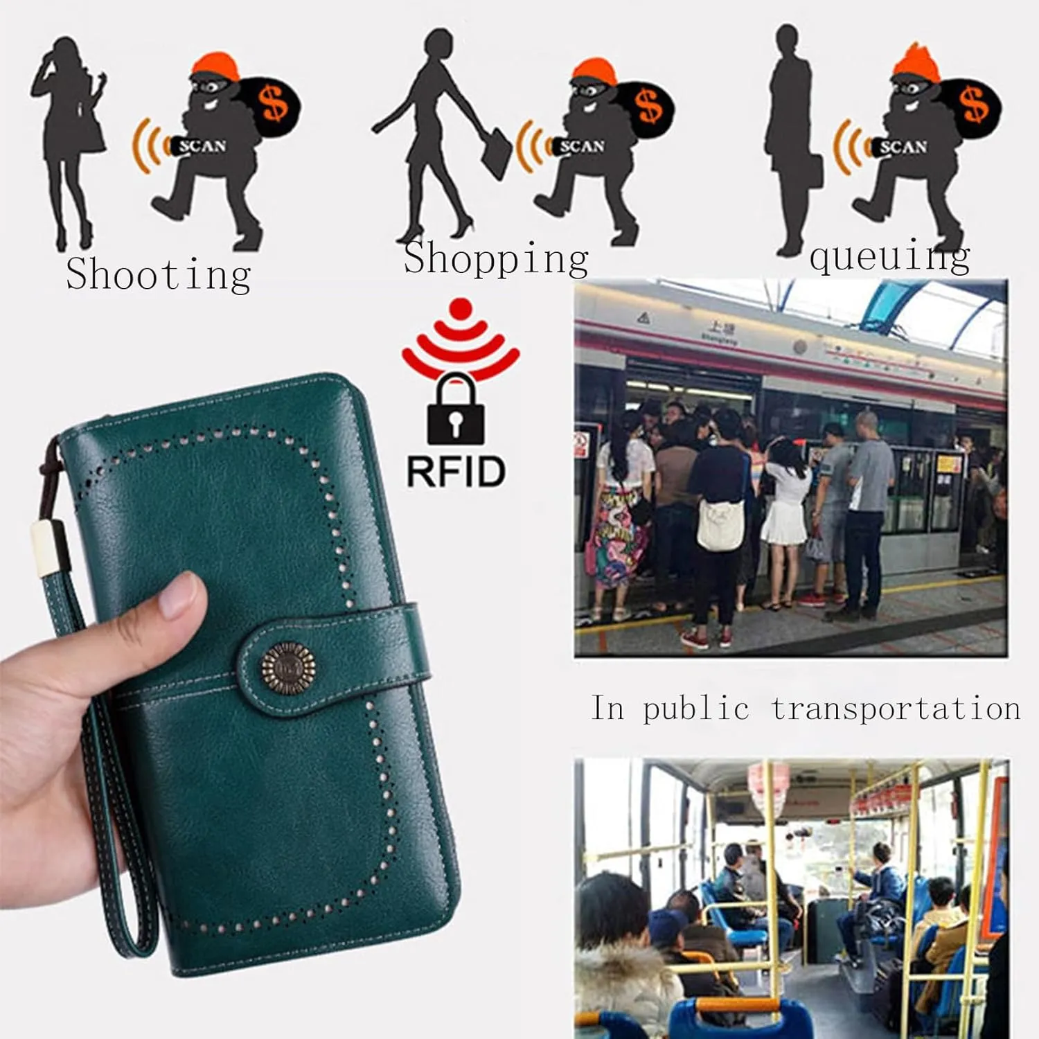 Rfid Wallet Women, Leather Wallet Wristlet, Large Capacity Bifold Zip Around Rfid Blocking Clutch Purses Credit Card Wallet