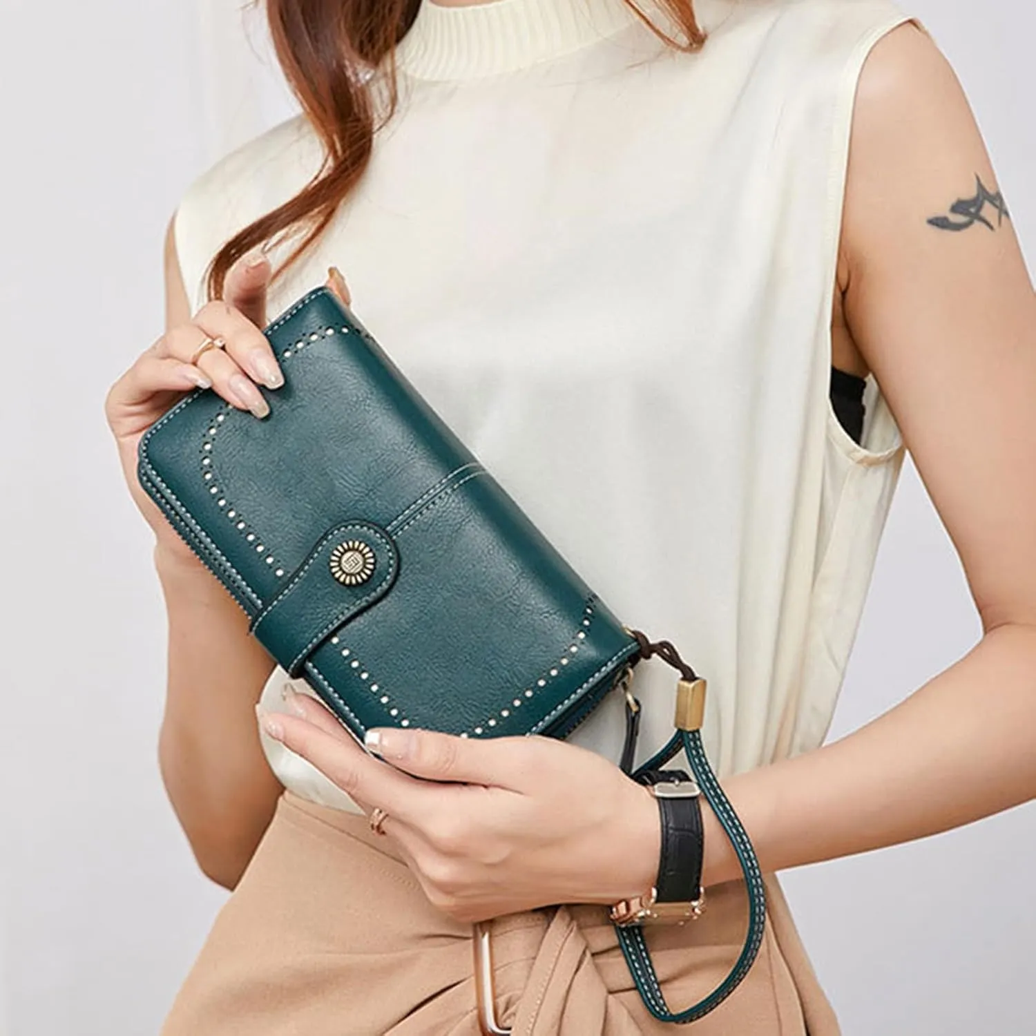 Rfid Wallet Women, Leather Wallet Wristlet, Large Capacity Bifold Zip Around Rfid Blocking Clutch Purses Credit Card Wallet