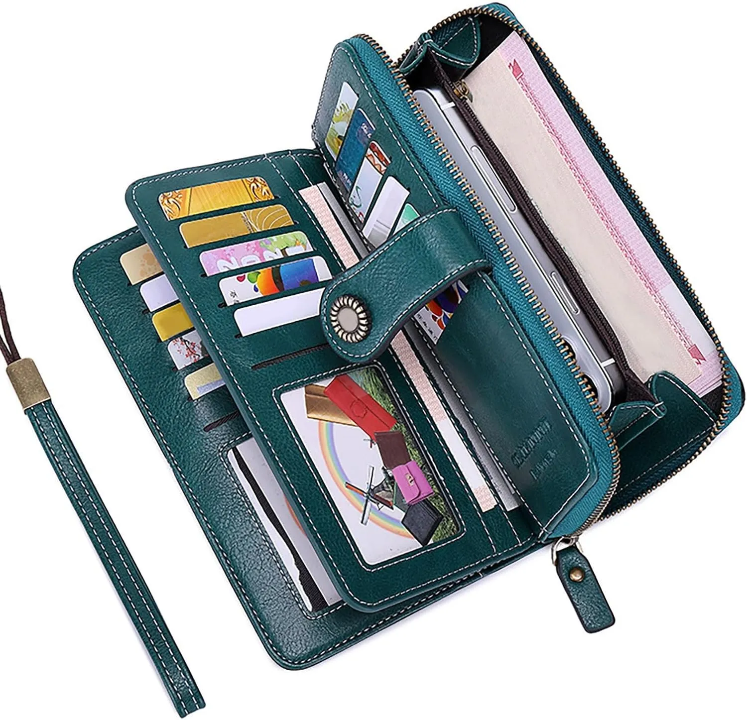 Rfid Wallet Women, Leather Wallet Wristlet, Rfid Blocking Large Capacity Zip Around Bifold Credit Card Holder Clutch Purses