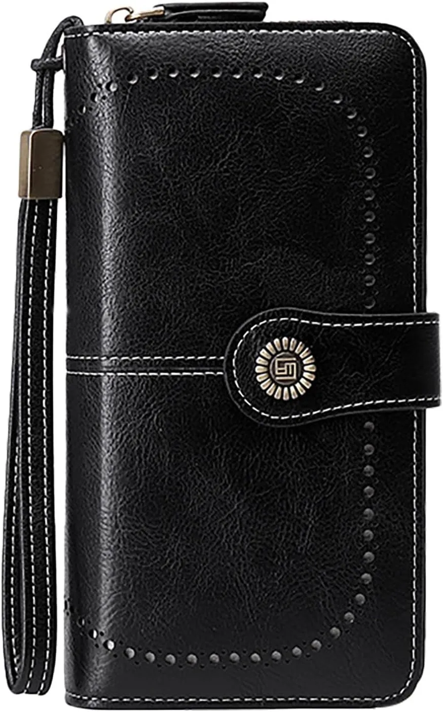 Rfid Wallet Women, Leather Wallet Wristlet, Rfid Blocking Zip Around Bifold Large Capacity Credit Card Holder Clutch Purses