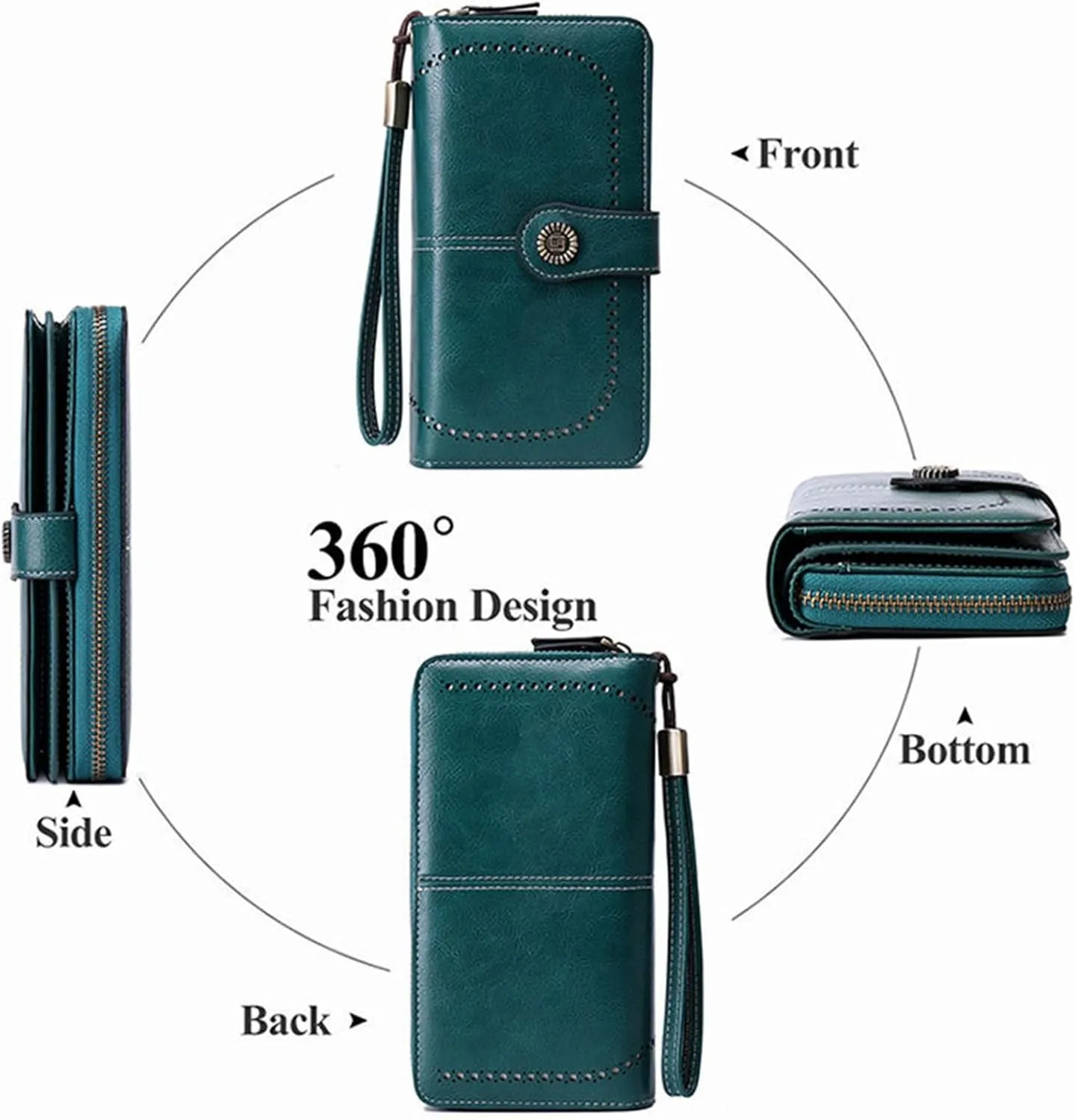 Rfid Wallet Women, Leather Wristlet Wallets, Bifold Large Capacity Rfid Blocking Zip Around Credit Card Holder Clutch Purses