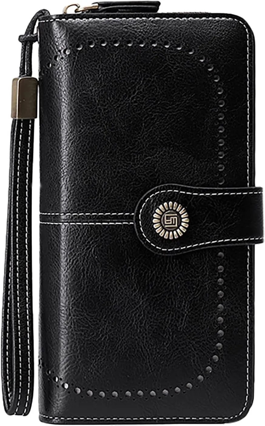 Rfid Wallet Women,Leather Wallet Wristlet for Women,Large Capacity Rfid Blocking Bifold Zip Around Clutch Purses Credit Card Holder,Travel Wallet for Ladies Mom Women Girls