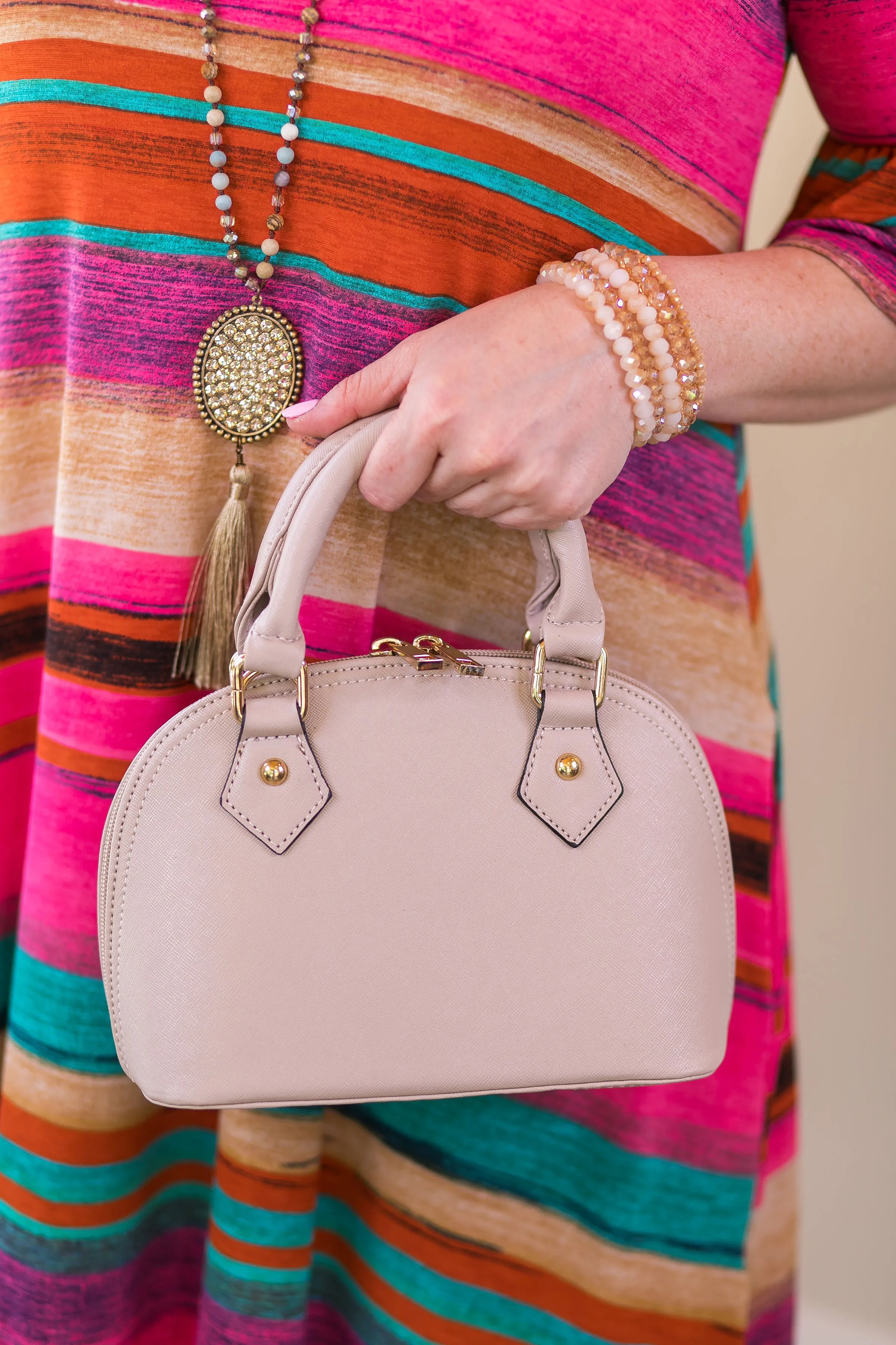 Small Dome Satchel Purse with Two Handles in Nude