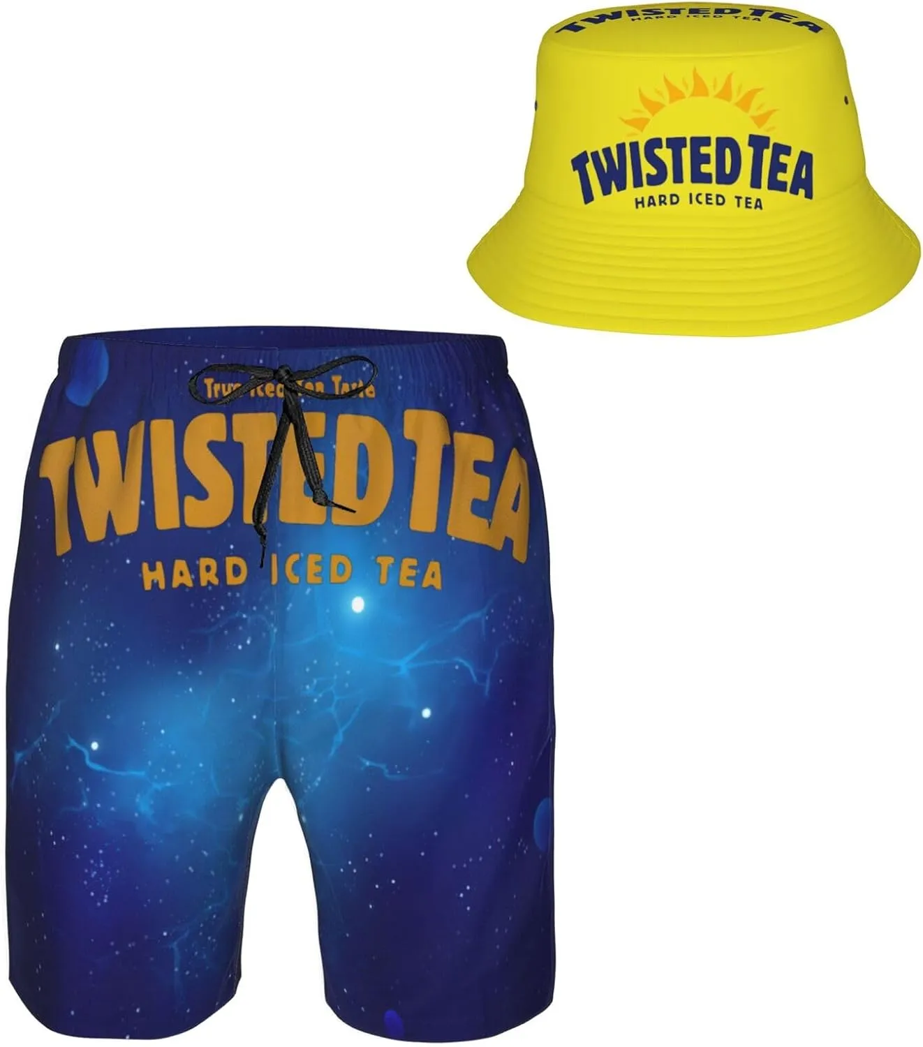 T-Wisted T-Ea Men'S Beach Combo: Packable Bucket Hat&Quick Dry Shorts¨CTrendy Print Fisherman Cap & Drawstring Swim Trunks