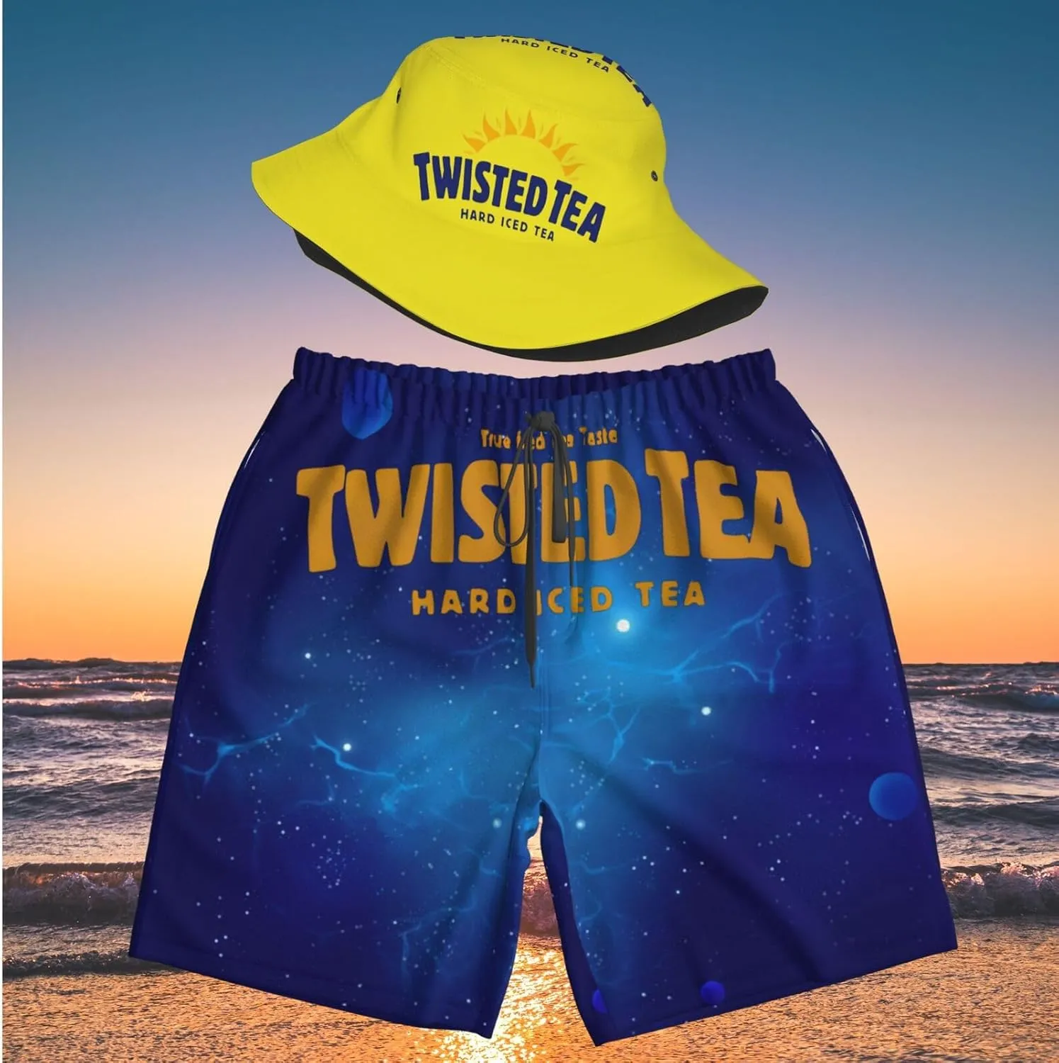 T-Wisted T-Ea Men'S Beach Combo: Packable Bucket Hat&Quick Dry Shorts¨CTrendy Print Fisherman Cap & Drawstring Swim Trunks