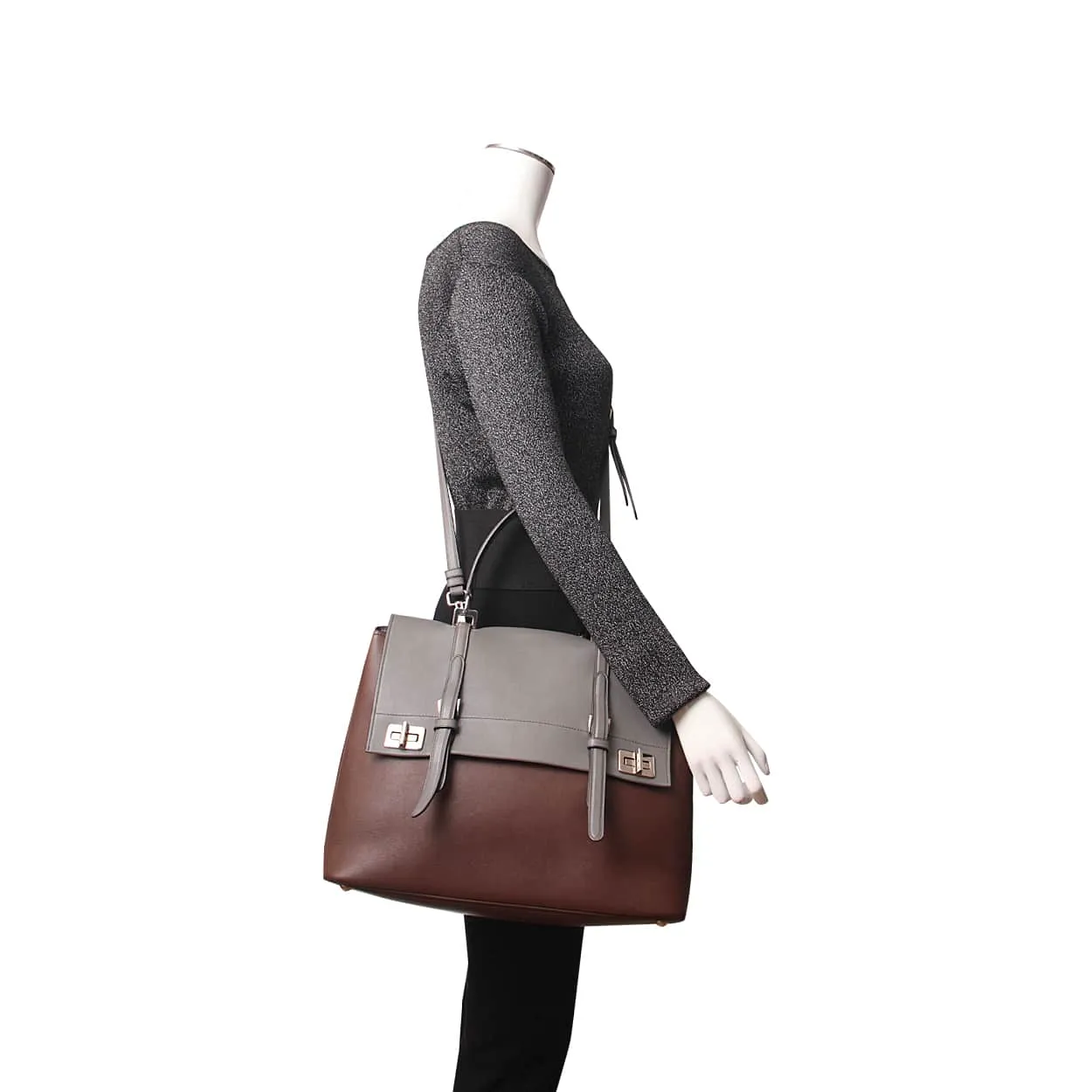 Trendy Inspired Prada Leather Double Twist Lock Satchel Brown/grey