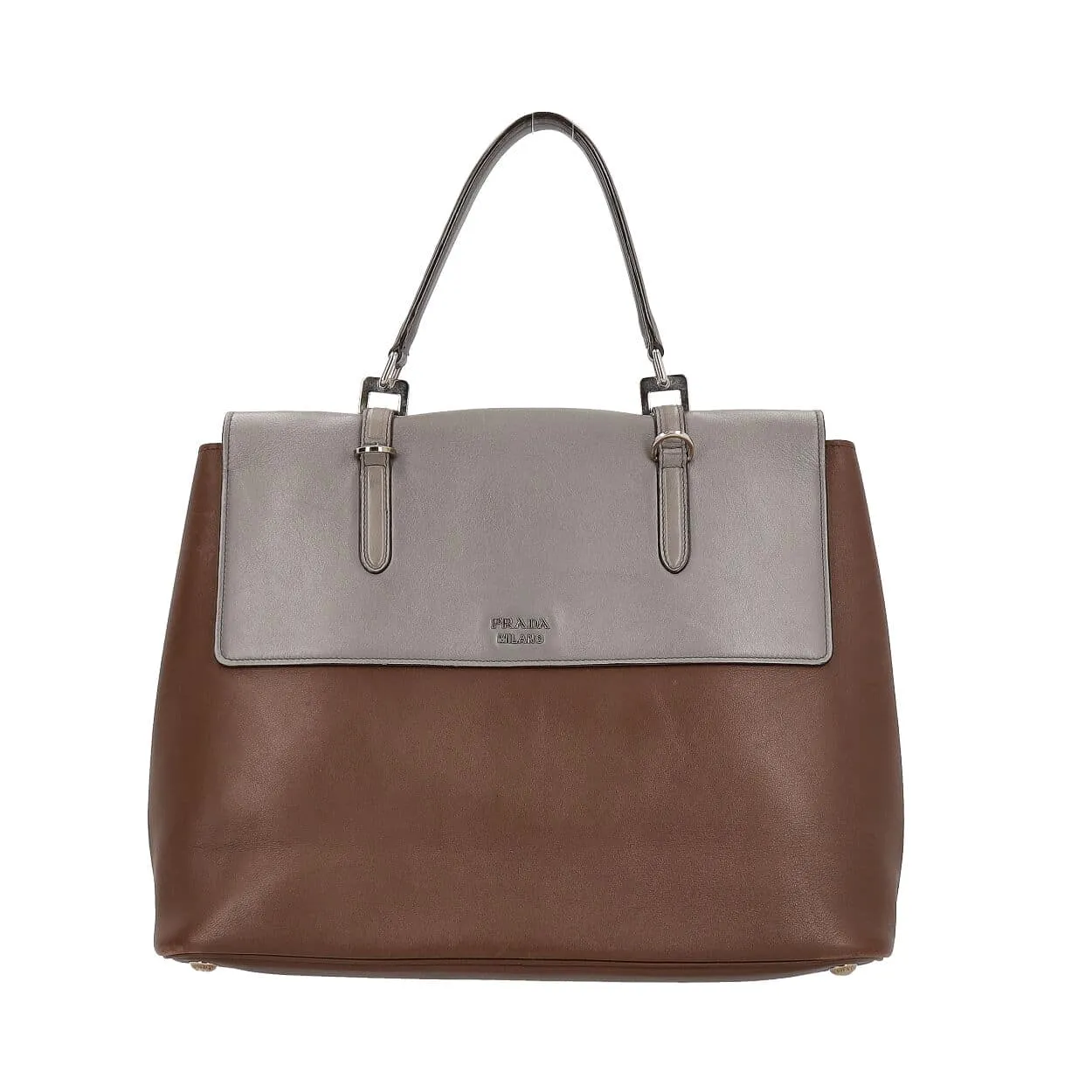 Trendy Inspired Prada Leather Double Twist Lock Satchel Brown/grey