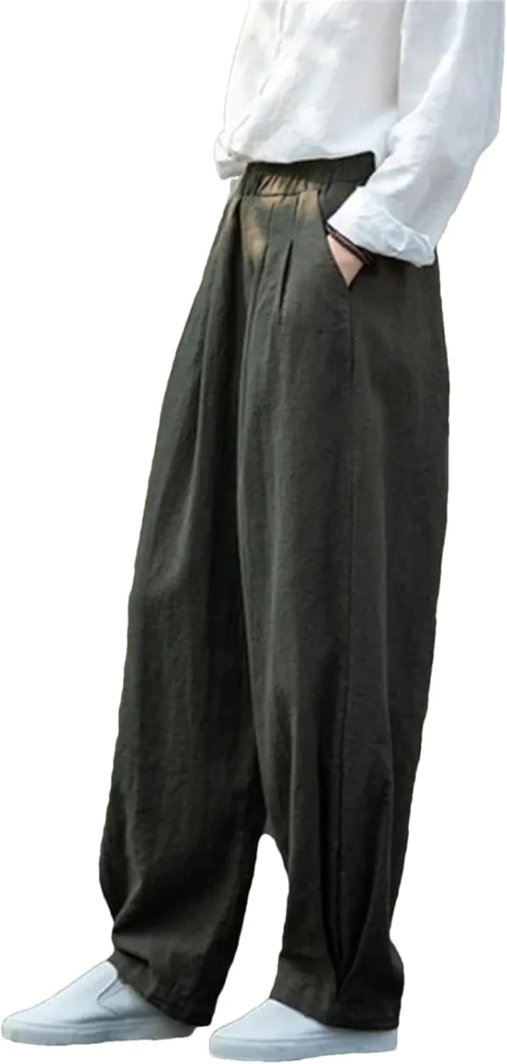 Women’s Linen Solid Color Straight Leg Pants Elastic Waist Relaxed Fit Casual Year-Round Trousers