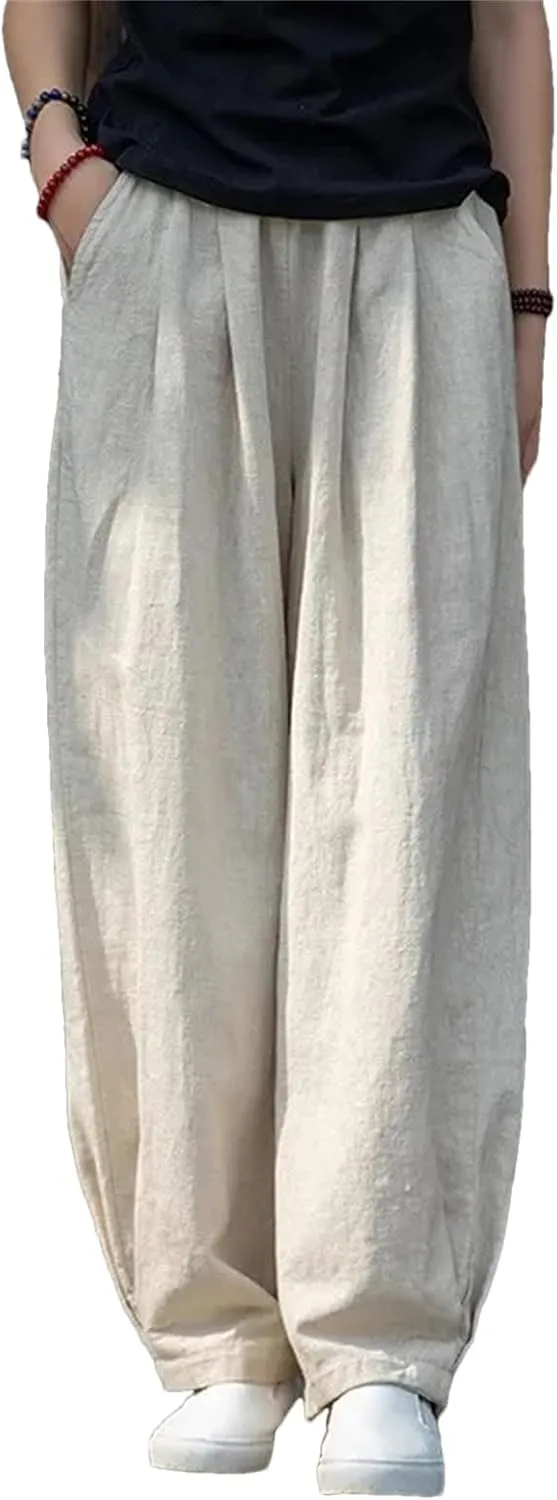 Women’s Linen Solid Color Straight Leg Pants Elastic Waist Relaxed Fit Casual Year-Round Trousers