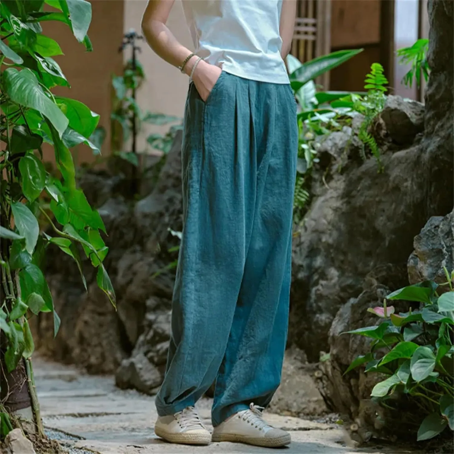 Women’s Linen Solid Color Straight Leg Pants Elastic Waist Relaxed Fit Casual Year-Round Trousers