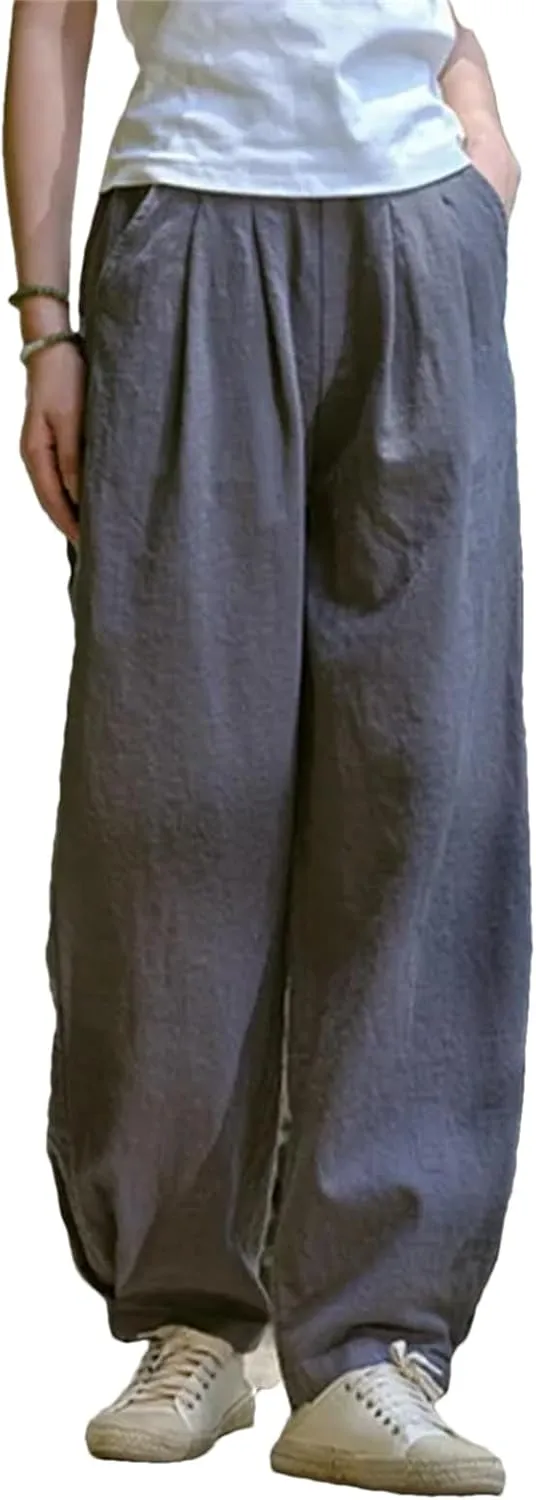 Women’s Linen Solid Color Straight Leg Pants Elastic Waist Relaxed Fit Casual Year-Round Trousers